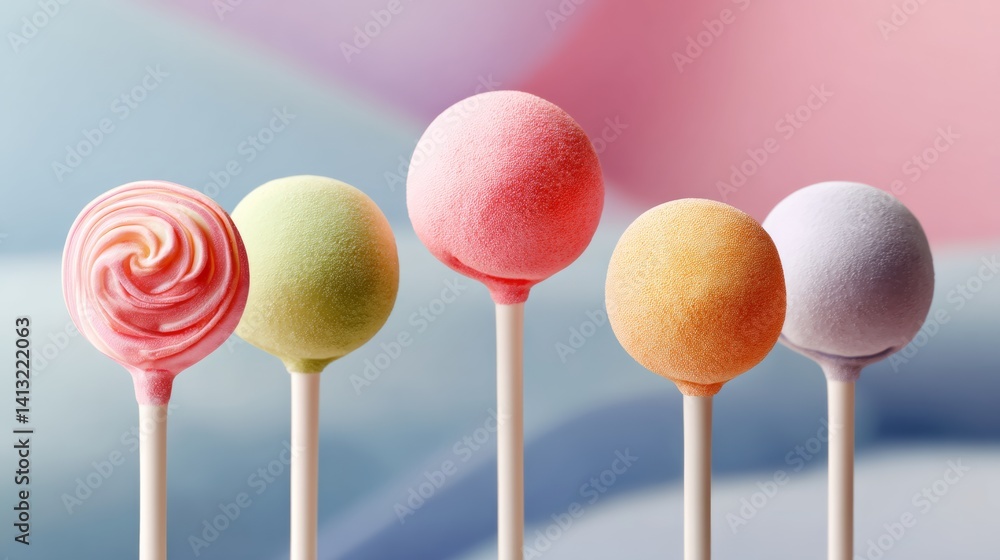 Poster row of colorful lollipops with different flavors and colors. concept of fun and excitement, as the l
