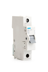 Close-up of a single-pole circuit breaker switch in OFF position isolated on white background.