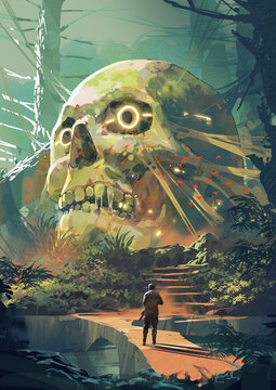 Fototapeta An adventurer walks toward a massive overgrown skull with glowing eyes hidden deep in the jungle suggesting mystery danger and ancient secrets, digital art style, illustration painting