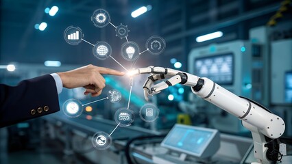 Robot hands connecting over digital interface, symbolizing B2B transactions, collaboration, and exchange of products, services, and information between companies, futuristic tech style