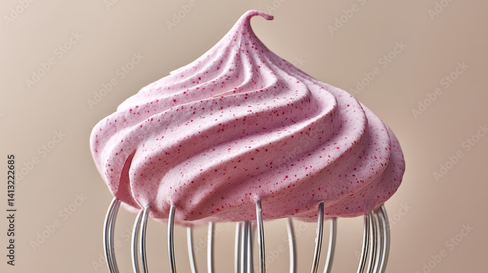 Poster frosted cake with a pink and white swirl on top. the frosting is made of a mixture of pink and white