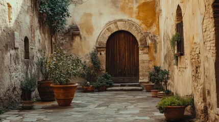 Fototapeta premium Charming Rustic Courtyard with Stone Path and Wooden Doorway