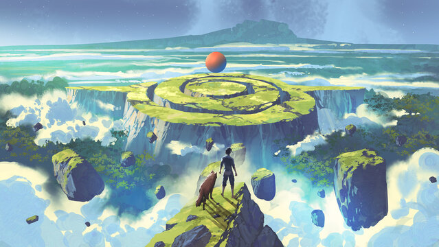 Fototapeta A man and a wolf stand on a cliff overlooking a surreal floating island with a circular path and a glowing orb in the distance, digital art style, illustration painting