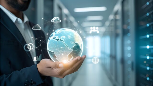 Hand of man holding a glowing digital globe, representing content management, data-driven distribution, cloud collaboration, and efficient workflow integration, futuristic tech background
