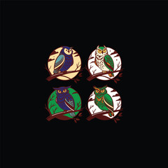 Naklejka premium Four Colorful Owls on Branches
