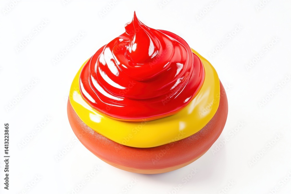 Poster A layered sphere with vibrant red, yellow, and brownish-orange layers, showcasing a glossy and smooth texture on a pristine white background.
