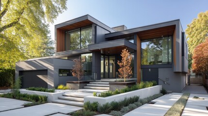 Modern exterior with angular architecture, sleek metal accents, and minimalist landscaping.  
