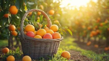 Basket full of oranges in a citrus orchard, sunny, and with orange trees.