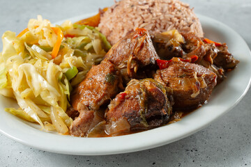 A closeup view of a plate of brown stew chicken.
