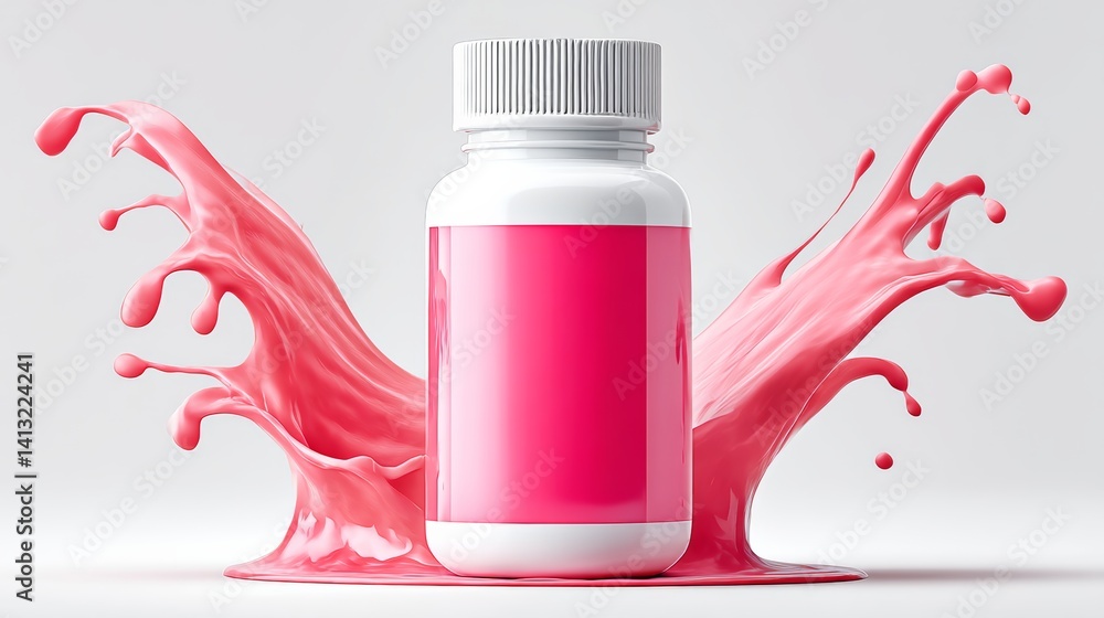 Aufkleber bottle of pink liquid is placed in front of a splash of pink water. the bottle is empty and the pink
