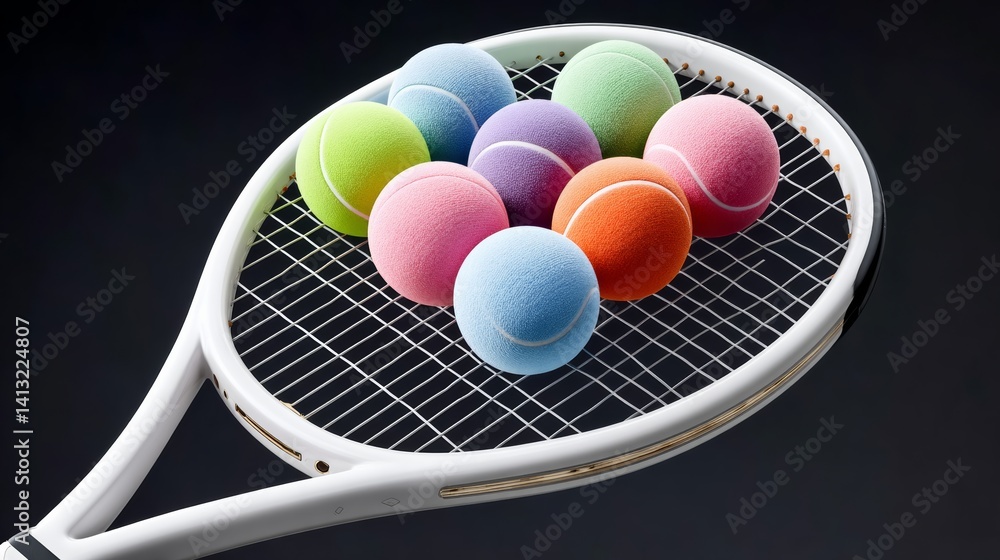 Poster tennis racket with a bunch of colorful balls on it. the balls are of different colors and sizes, and