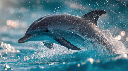 A playful dolphin leaping from ocean waves with a shiny wet body, sparkling water droplets and a bright blue sea background