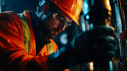 Drilling technician performing routine checks on drilling equipment. Featuring routine inspection