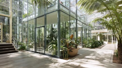 Modern glass conservatory with transparent walls, tropical plants, and an open, airy feel.  