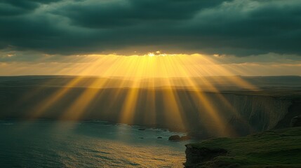 Golden rays piercing through dramatic clouds over a coastal landscape