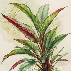 Detailed botanical illustration of vibrant leaves in soft hues showcasing unique textures and colors. Cordyline fruticosa, also known as Ti Plant
