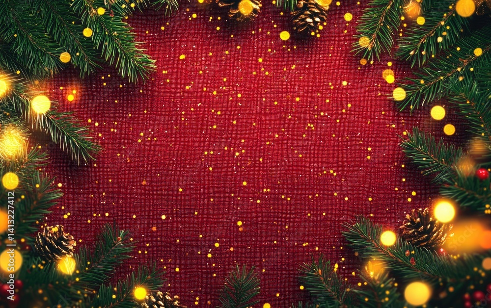Poster red burlap texture with bokeh lights, fir branches and pine cones border