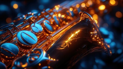 Golden saxophone close-up, illuminated by vibrant light