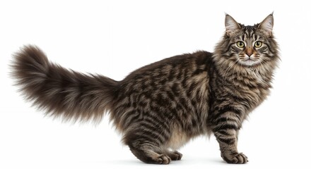Obraz premium Norwegian Forest cat standing playfully on a white background with copy space