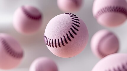 Group of pink baseballs with white stitching. The balls are floating in the air, giving the impression of a game in progress