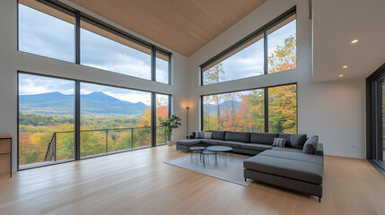 Fototapeta premium Modern living room with panoramic view floor to ceiling windows neutral decor