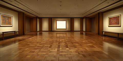 Fototapeta premium Empty art gallery featuring wooden floors lit walls and framed paintings A quiet spacious atmosphere.