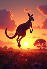 abstract silhouette jumping kangaroo sunset landscape fleeting motion natural beauty colors horizon, animal, sky, nature, dusk, outline, graceful, pose