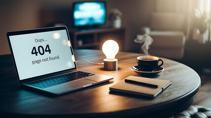 Laptop showing error message illuminated bulb steaming coffee and notepad on a wooden table in a cozy living room.