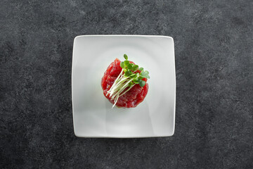 A top down view of bluefin tuna tartar.