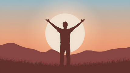 A silhouette of a person with arms outstretched against a warm sunset sky over the hills.