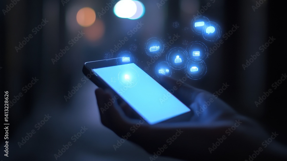 Poster modern smartphone with interactive icons in a dark urban setting