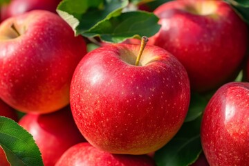 Red apples on tree branch with green leaves and sunlight in orchard