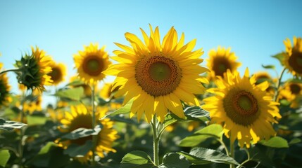 Obraz premium A vibrant field of sunflowers under a clear blue sky.