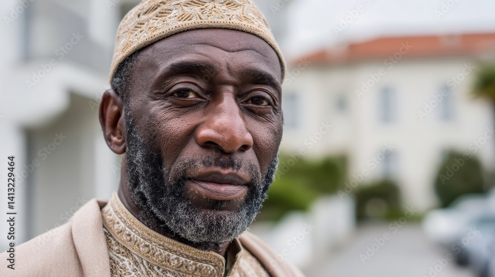 Poster man with a beard and a turban is standing in front of a building. he looks tired and sad