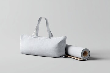 A gray yoga mat sits beside a matching bag, conveying wellness and exercise.