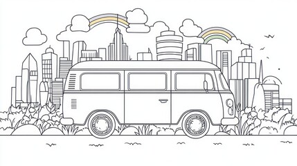 Retro van in city skyline. Line art illustration. Possible use print design