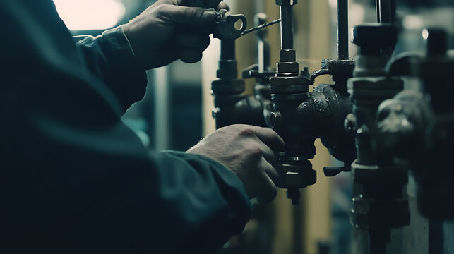 Energy plant technician repairing pressure valves in refinery system. Featuring repair work
