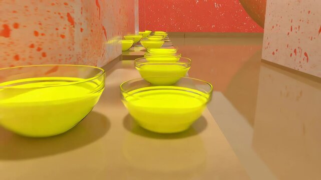 Perspective view of numerous glass bowls filled with vibrant lemon-yellow Holi powder arranged in rows, suggesting preparation for the colorful Hindu spring festival