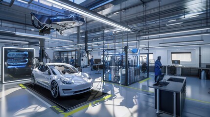 Obraz premium Electric vehicle battery research lab with engineers. 