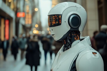 Fototapeta premium Humanoid robot standing among people on a busy city street