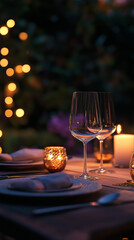 Romantic candlelight dinner table with glowing bokeh
