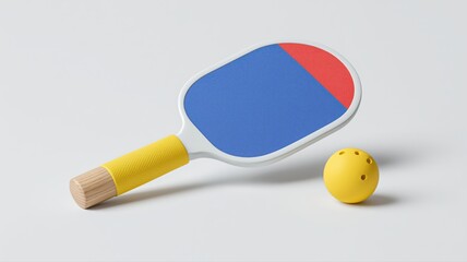 A vibrant representation of a pickleball paddle and a ball showcases bold colors against a clean white backdrop, highlighting minimalist design