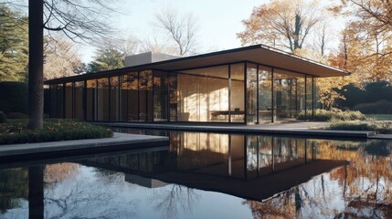Modern glass-walled home exterior with clean lines, geometric shapes, and a reflection pool. 