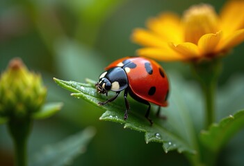 Fototapeta premium detailed close ladybug lush green leaf vivid nature colors textures, closeup, micro, macro, spring, garden, flower, wildlife, flora, ecosystem, pollinator