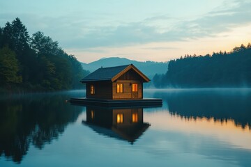 Obraz premium house on the lake at sunset