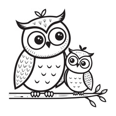 Fototapeta premium Whimsical owl illustration with intricate patterns perched on a branch surrounded by leaves, drawn in black and white