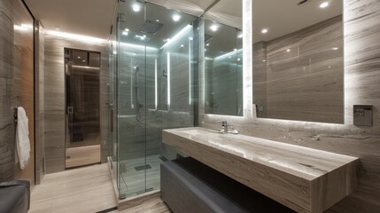 Modern luxury bathroom with a glass shower enclosure, polished stone, and subtle LED lighting. 
