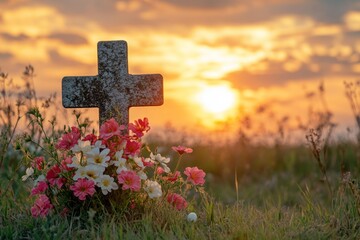 Grave with flowers during sunset in peaceful countryside cemetery