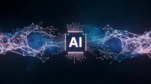 The digital AI chip is shown with the connection network. Representing the cutting edge of technological advancement and innovative capabilities.