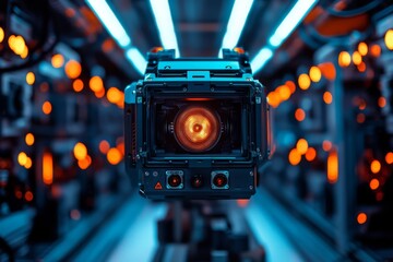 High-tech AI surveillance robot with red sensors in futuristic lab